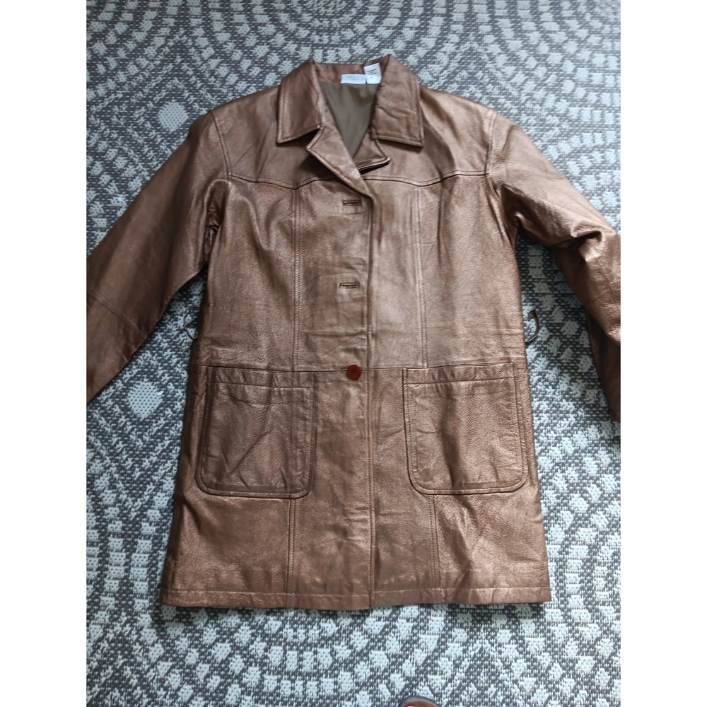 VTG Leather Trench Coat Belted Women Small Metalic Gold Belted‎ Countryside Chic - Picture 6 of 16